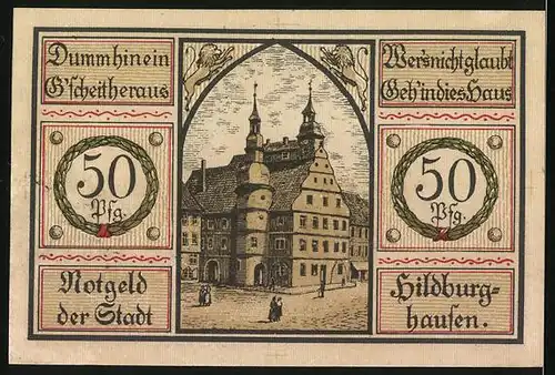 Notgeld Hildburghausen 1921, 50 Pfennige, Wappen und Ortsansicht