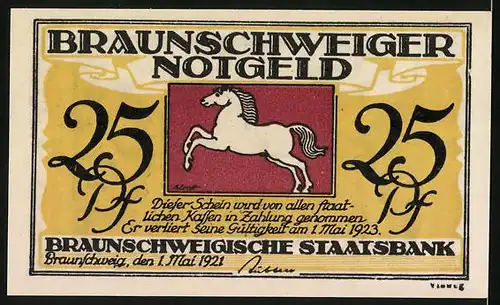 Notgeld Braunschweig 1921, 25 Pfennige, Braunschweiger Wappen und Schloss Blankenburg