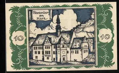 Notgeld Braunschweig 1921, 10 Pfennige, Braunschweiger Wappen und Blankenburg am Harz