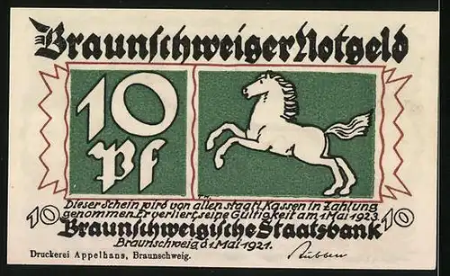 Notgeld Braunschweig 1921, 10 Pfennige, Braunschweiger Wappen und Blankenburg am Harz