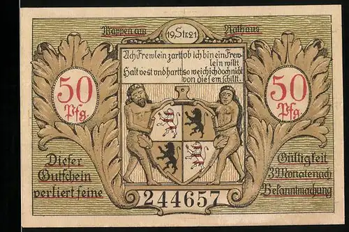 Notgeld Hildburghausen 1921, 50 Pfennige, Wappen und Stadtansicht