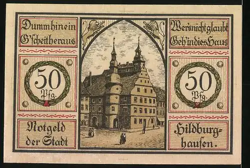 Notgeld Hildburghausen 1921, 50 Pfennige, Wappen und Stadtansicht