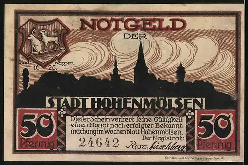 Notgeld Hohenmölsen, 50 Pfennige, Stadtpanorama und Melser Markt mit Mönch und Schweinen