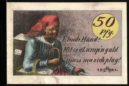 Notgeld Hildburghausen 1921, 50 Pfennige, Alte Frau und Wappen der Stadt
