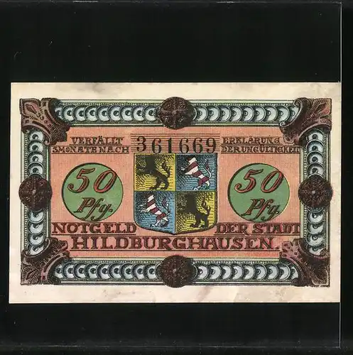 Notgeld Hildburghausen 1921, 50 Pfennige, Alte Frau und Wappen der Stadt