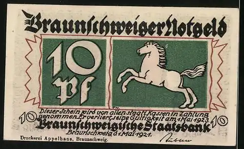 Notgeld Braunschweig 1921, 10 Pfennige, Till Eulenspiegel und Wappen