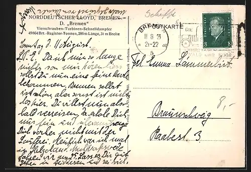 AK Passagierschiff Bremen auf offener See