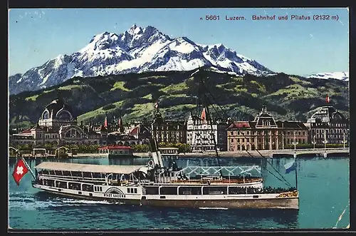 AK Luzern, Dampfer Stadt Luzern vor Bahnhof und Pilatus