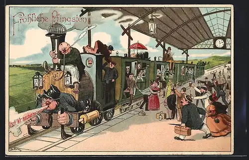 Lithographie Berlin, Strassenbahn mit Passagieren 1900