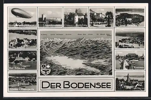 AK Bodensee Panoramakarte, verschiedene Stadtansichten am Bodensee