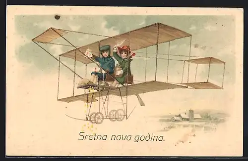 Künstler-AK Kinder mit Briefen in einem Flugzeug
