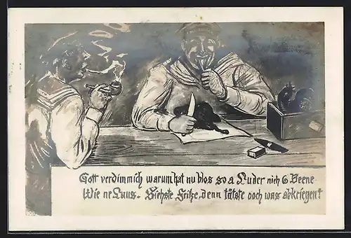 Künstler-AK Matrosen beim Essen und Pfeife rauchen