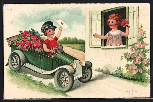 AK Fröhliches Pfingstfest, der Junge fährt mit dem Automobil und bringt dem Mädchen einen Brief
