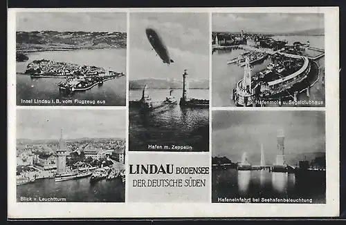 AK Lindau /Bodensee, Hafen mit Zeppelin, Hafenmole und Segelclubhaus