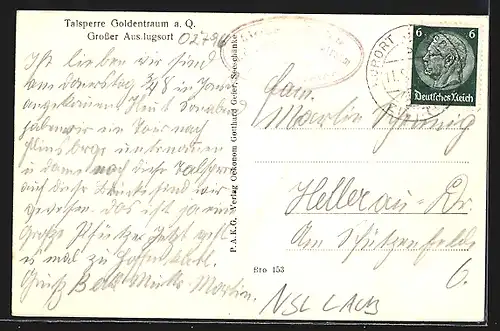 AK Goldentraum, Sperrmauer der Queistalsperre aus der Vogelschau