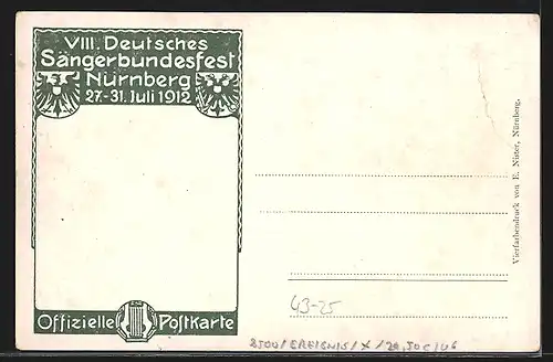 AK Nürnberg, 8. Deutsches Sängerbundesfest 1912, Porträt Hans Sachs, Ortspartien, Wappen