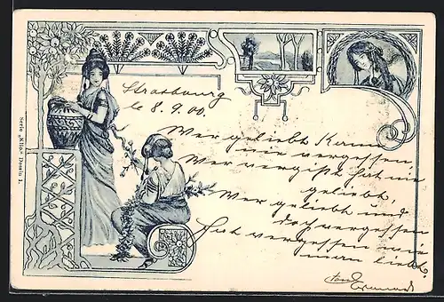 AK Zwei Frauen mit einem Krug und Landschaft im Jugendstil
