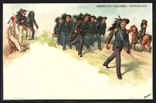 AK Italienische Soldaten mit Federn an den Hüten marschieren über einen Hügel