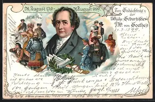 AK Zum Gedächtnis der 150jähr. Geburtstagsfeier Goethe`s, Portrait, Szenenauszüge
