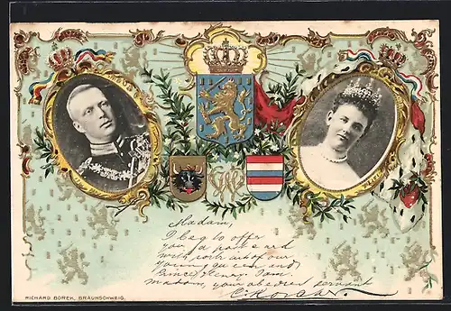 Lithographie Das Königspaar von den Niederlanden und Wappen