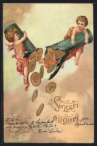 AK zwei Engel öffnen eine Münzrolle, Geld, Neujahr