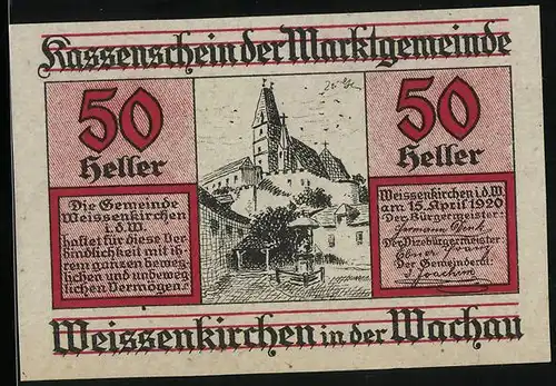 Notgeld Weissenkirchen in der Wachau 1920, 50 Heller, Blick zur Kirche