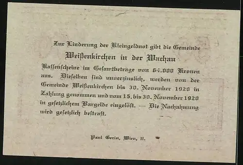 Notgeld Weissenkirchen in der Wachau 1920, 50 Heller, Blick zur Kirche