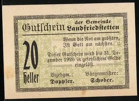 Notgeld Landfriedstetten 1920, 20 Heller, Gutschein