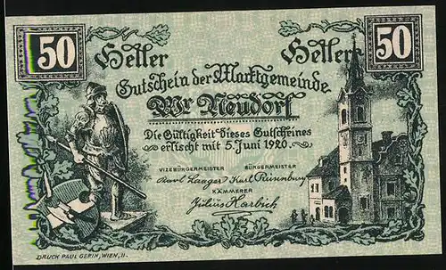 Notgeld Wr. Neudorf 1920, 50 Heller, Rathaus, Krieger mit Schild