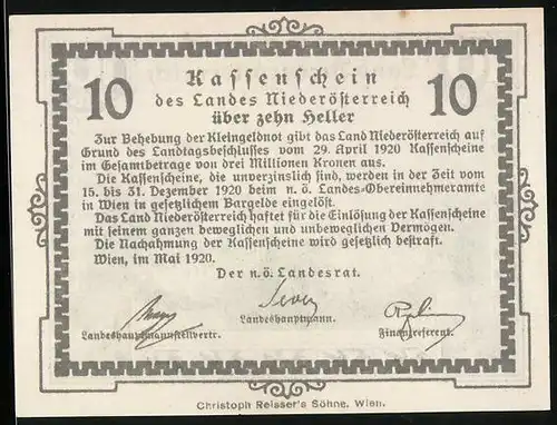 Notgeld Wien /Land Niederösterreich 1920, 10 Heller, Panorama