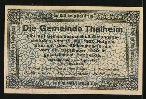 Notgeld Thalheim bei Wels, 20 Heller, Teilansicht mit Heller