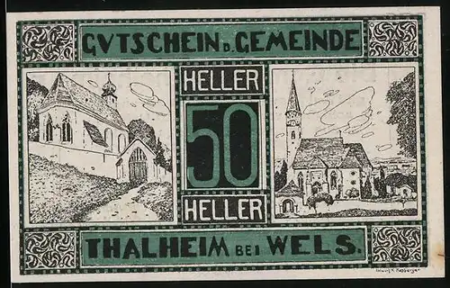 Notgeld Thalheim bei Wels, 50 Heller, Kirchen