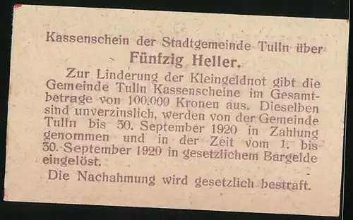 Notgeld Tulln 1920, 50 Heller, Wappen