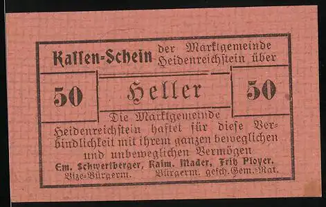 Notgeld Heidenreichstein 1920, 50 Heller, Kassen-Schein