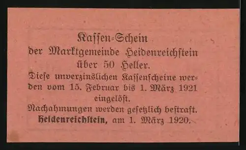 Notgeld Heidenreichstein 1920, 50 Heller, Kassen-Schein