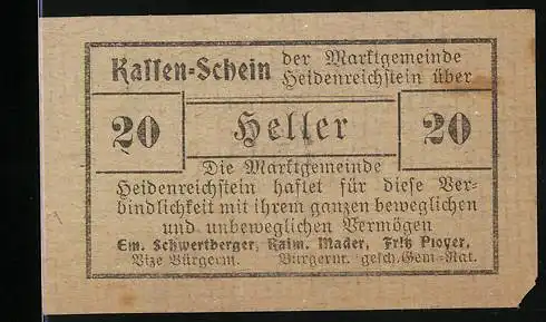 Notgeld Heidenreichstein 1920, 20 Heller, Kassen-Schein