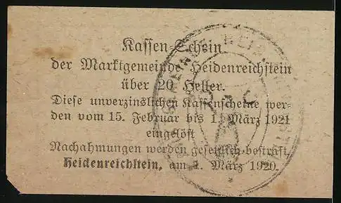 Notgeld Heidenreichstein 1920, 20 Heller, Kassen-Schein