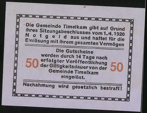 Notgeld Timelkam 1920, 50 Heller, Reiter auf Dromedar