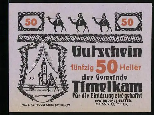 Notgeld Timelkam 1920, 50 Heller, Reiter auf Dromedar