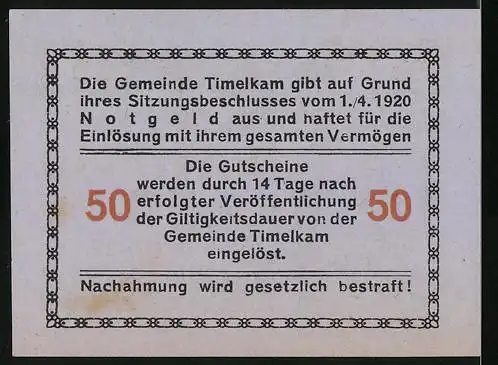 Notgeld Timelkam 1920, 50 Heller, Reiter auf Dromedar