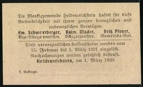 Notgeld Heidenreichstein 1920, 20 Heller, Burg Heidenreichstein