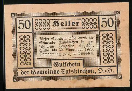 Notgeld Taiskirchen 1920, 50 Heller, Gutschein