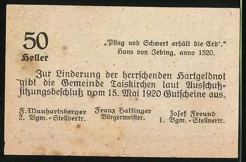 Notgeld Taiskirchen 1920, 50 Heller, Gutschein