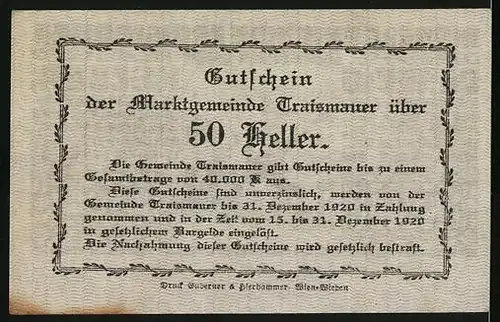 Notgeld Traismauer 1920, 50 Heller, Denkmal