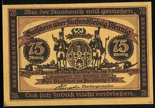 Notgeld Freiberg i. Sa. 1921, 75 Pfennig, Zwei Bergleute halten Wappen