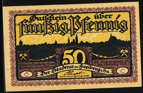 Notgeld Freiberg i. Sa. 1921, 50 Pfennig, Stadtsilhouette