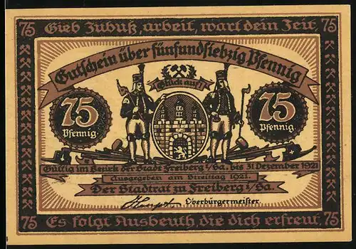 Notgeld Freiberg i. Sa. 1921, 75 Pfennig, Zwei Bergleute halten Wappen