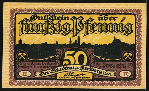 Notgeld Freiberg 1921, 50 Pfennig, Bergleute tragen einen Sarg