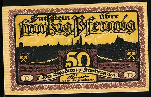 Notgeld Freiberg 1921, 50 Pfennig, Stadtsilhouette