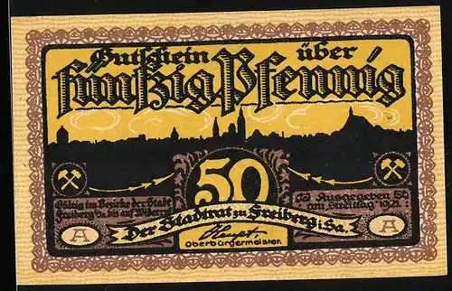 Notgeld Freiberg 1921, 50 Pfennig, Stadtsilhouette